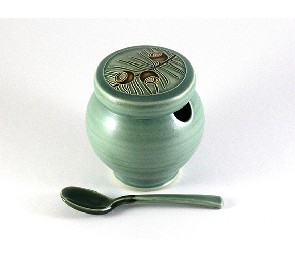 Ceramic Sugar Bowl with Yew Design and Ceramic Spoon